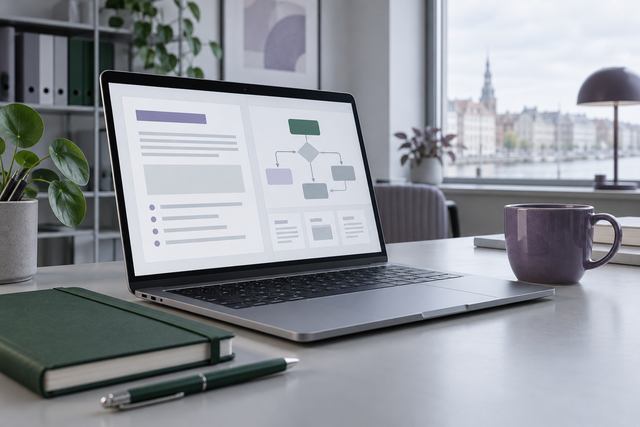 AI-genereret fotorealistisk temaillustration: Bærbar computer med en fiktiv dokumentoversigt; skærmen viser ikke myndighedens faktiske guide.